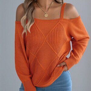 Orange Casual Women's Plaid Print Open Shoulder Long Sleeve Pullover Sweater